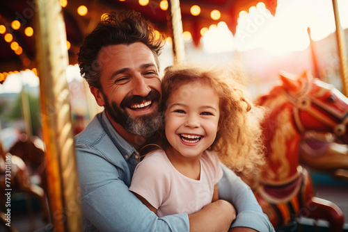 Fototapeta Naklejka Na Ścianę i Meble -  Generated AI picture of happy people enjoying summer weekend have fun in amusement park