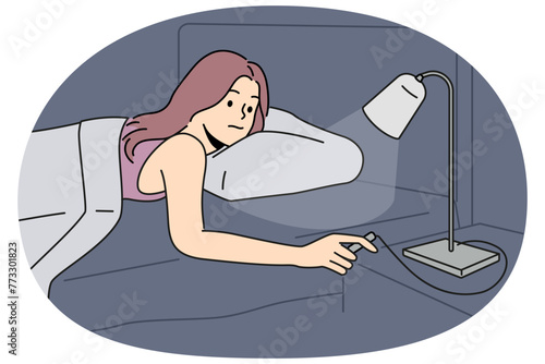 Woman lying in bed turn off lamp on table. Girl relax ready to sleep in home bedroom switch lights. Vector illustration.