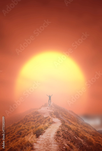 Motivational image about success  sunset  road on the mountain  man standing joyful