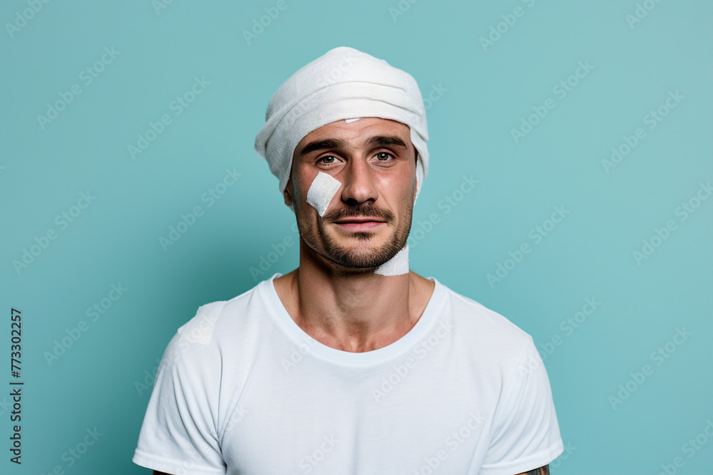 Generated AI image of man after surgery with bandaged head Generated AI image of man after surgery with bandaged head