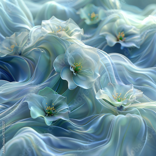 flower design with glowing light effects and ethereal light blue and silver background using digital art techniques.
