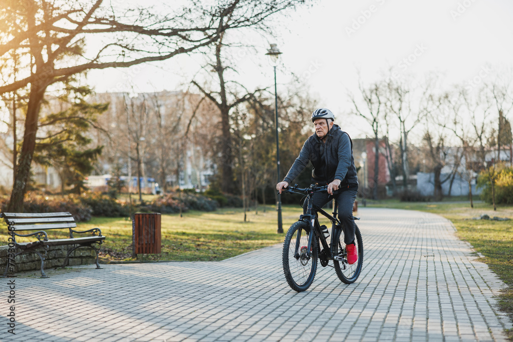 Man Riding Bike Down Brick Road in a Park