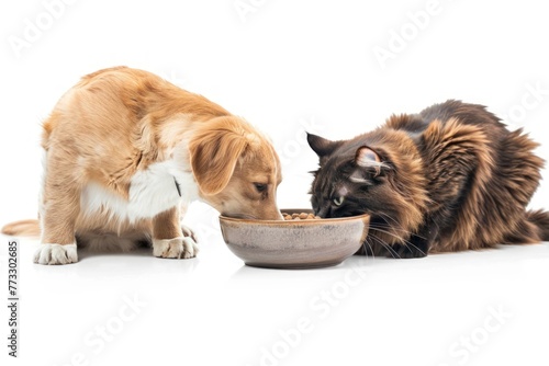 dog and cat eating food from a bowl Isolated white background photo