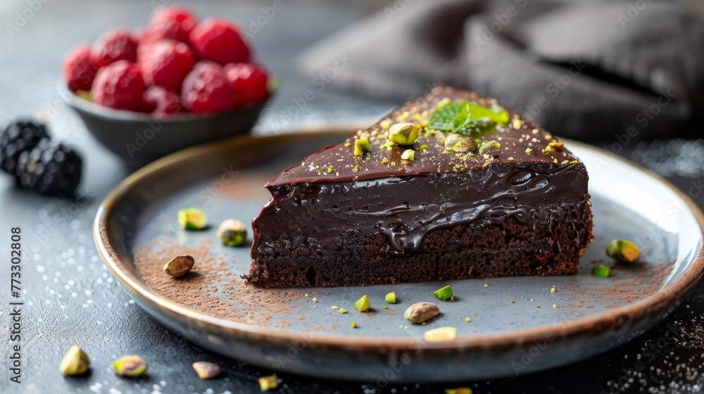 A slice of rich chocolate cake topped with glossy chocolate ganache and crushed pistachios, ready to be enjoyed.