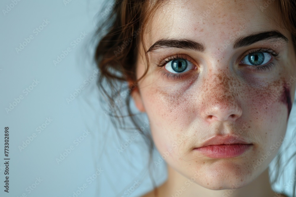 Fototapeta premium Portrait of violence victim bruised woman with black eye white background