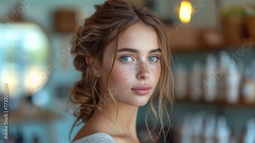   A tight shot of a young woman s face  adorned with freckles  and untidy updo hairstyle