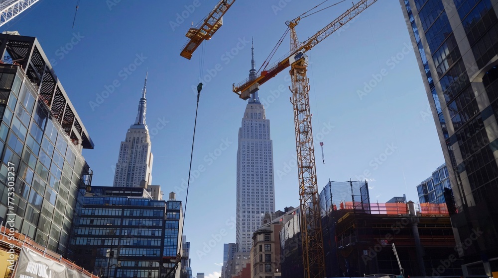 A towering crane lifts a pole, a critical piece in the puzzle of constructing a skyscraper