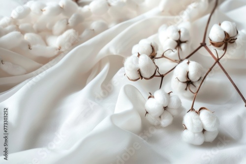 Elegant Cotton Bolls on White Fabric background © Anna