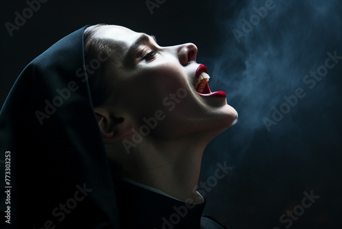 Generative AI picture of monastery sister nun priest cursed possessed with devil crying with blood photo