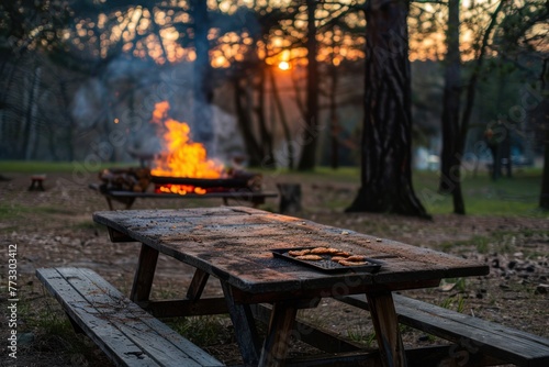 Empty barbecue table with fire burning in background
