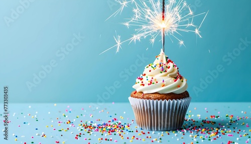 Birthday cupcake with celebration sparkler and sprinkles for a birthday party. copy space blue background.