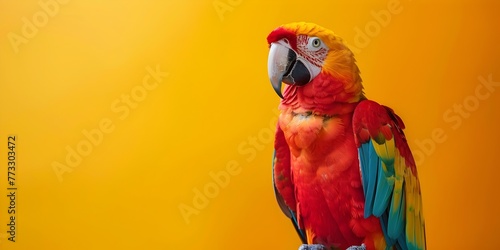 Colorful Parrot Mimicking Sounds on Vibrant Yellow Background with Copy Space