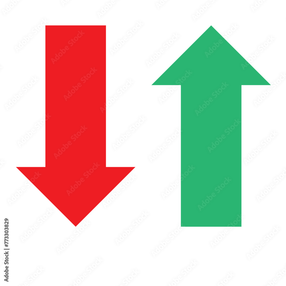 Simple up and down arrows. Upward, downward arrows in green and red isolated on white background, set of two. Flat style eps 10 vector illustration. Simple up and down arrows. Upward, downward arrows in green and red isolated on white background, set of two. Flat style eps 10 vector illustration.
