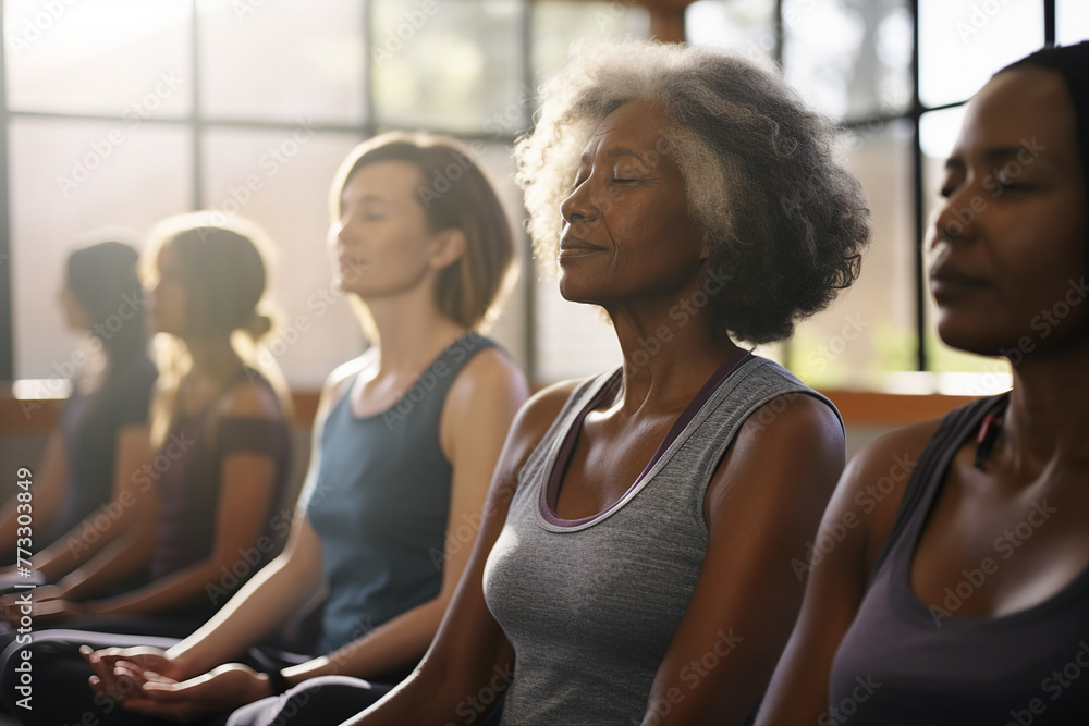 Different age people doing yoga nature park private club spirituality concept Generative AI Different age people doing yoga nature park private club spirituality concept Generative AI
