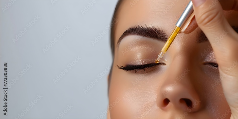 Woman applying eyebrow serum with essential oils and peptides. Concept Eyebrow Care, Essential Oils, Peptides, Beauty Routine, Skincare Routine