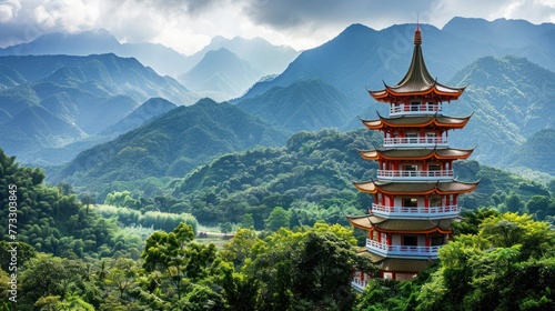 A traditional Chinese pagoda set against a backdrop of lush mountains.