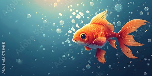 Graceful Orange Goldfish Gliding Through Ethereal Underwater Seascape with Bubbles and Copy Space