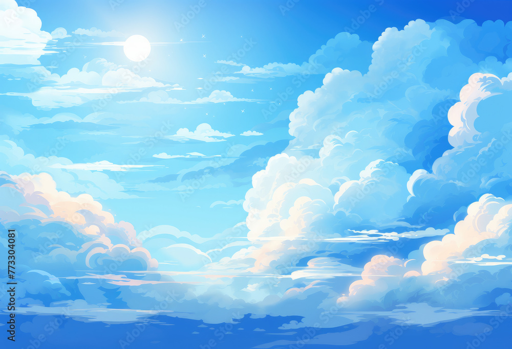 Blue sky with clouds. Anime style background with shining sun and white ...