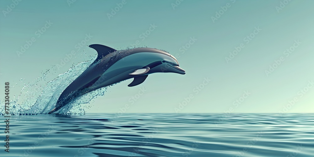 Fototapeta premium Leaping Dolphin Emerging from Turquoise Ocean with Graceful Arc and Splashing Waves in Picturesque Natural Scenery