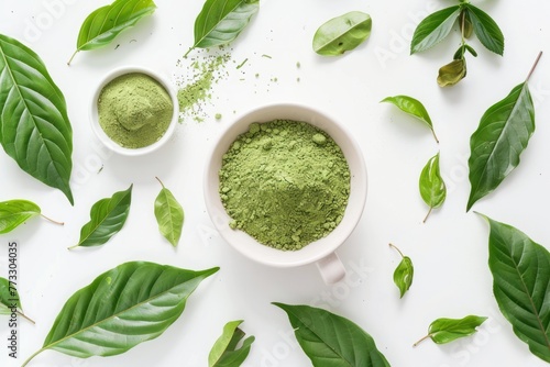Explosive matcha tea mockup with flavored powder and kratom leafs on white background photo