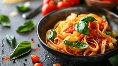 A bowl of spaghetti with tomato sauce and basil photo