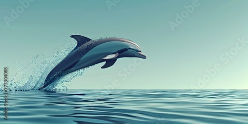 Leaping Dolphin Emerging from Turquoise Ocean with Graceful Arc and Splashing Waves in Picturesque Natural Scenery