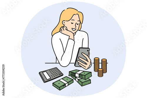 Smiling woman sit at desk count money manage budget. Happy female growing savings care about financial expenses. Finance and economy. Vector illustration.