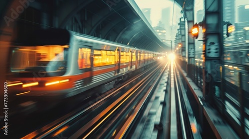 A train is speeding down the tracks  with the lights of the train shining brightly. The scene is set in a city  with tall buildings in the background. The train is the main focus of the image