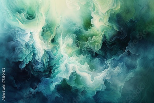   A blue and green abstract painting featuring swirling whites, blues, and greens, predominantly on the right side photo
