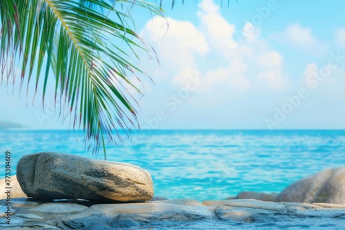 Flat stone with empty space for product placement in tropical summer sea background