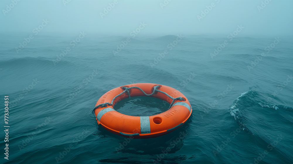 Orange lifebuoy floating in the rough sea with stormy weather and big waves all around