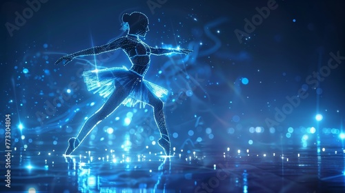 A woman in a blue tutu is dancing on a body of water. The water is illuminated with a blue light, creating a dreamy and ethereal atmosphere