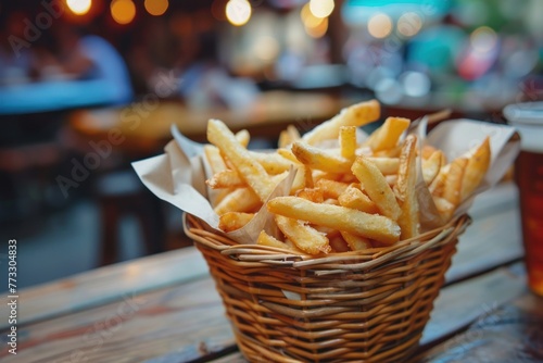 French fries chips in basket on table  street junk food  oktoberfest
