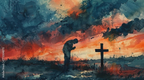 Watercolor image of a devout man in prayer, cross standing against a twilight sky