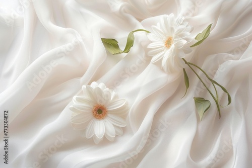 Fresh flower on background of light fabric. Creative laundry conditioner, smoothing and floral fragrance © Anna