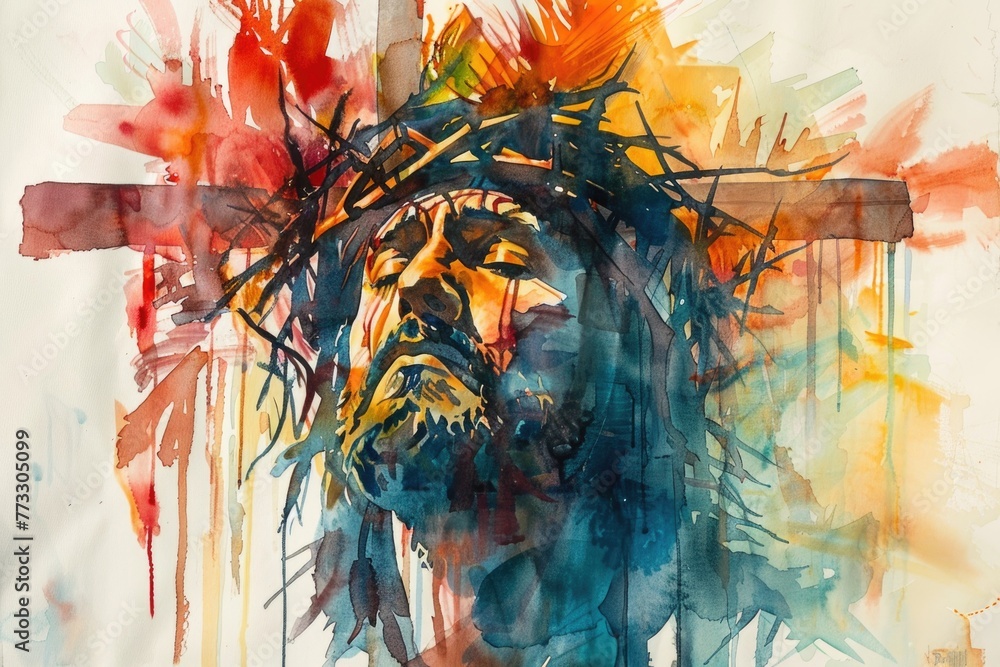 Jesus at Golgotha with the cross, depicted in poignant watercolor ...
