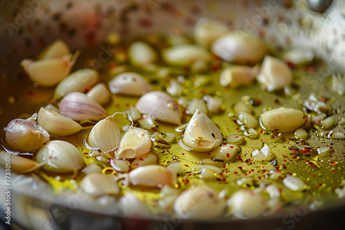 A close-up of garlic cloves bathed in golden olive oil, simmering gently in a skillet, infusing the air with their irresistible aroma.