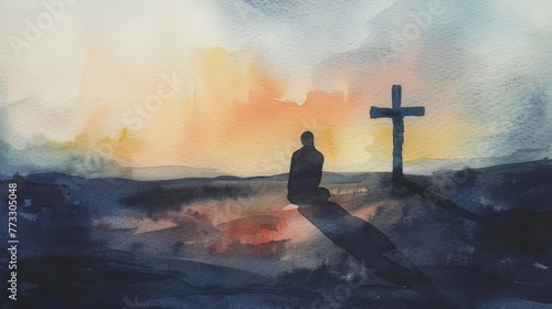 Gentle watercolor illustration of a praying man, with a cross casting a long shadow, dusk hues