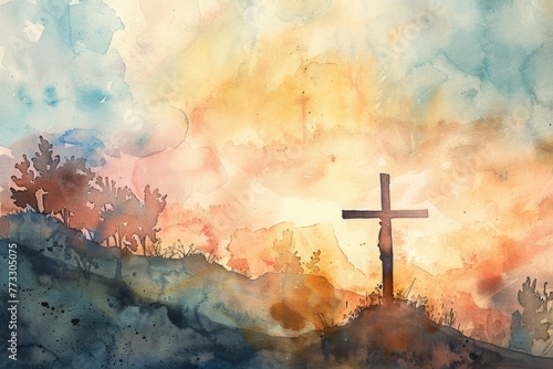Jesus and the cross in a poignant watercolor setting, the path to Calvary tenderly rendered