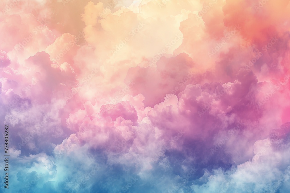   A pink and blue sky dotted with numerous clouds in shades of pink, blue, yellow, and white