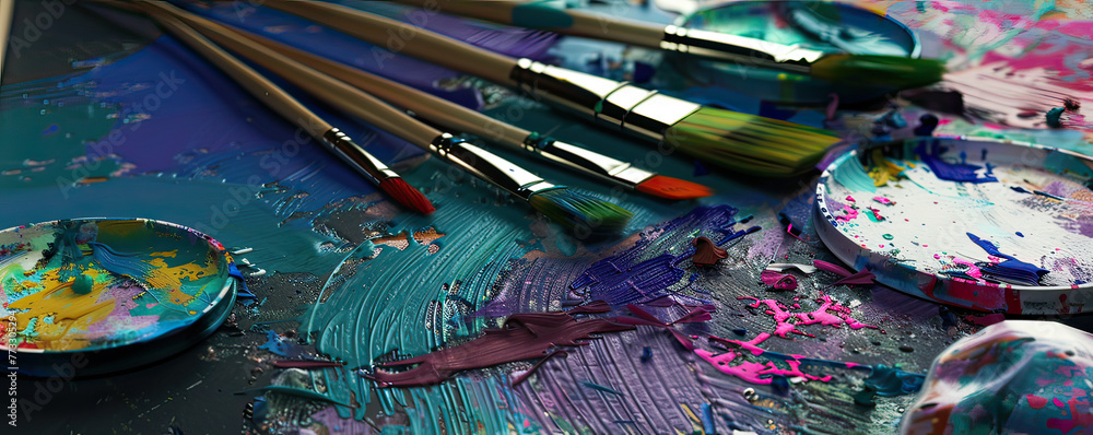 Fototapeta premium Artistic 3D render of paintbrushes and palettes, celebrating art in education, space for text