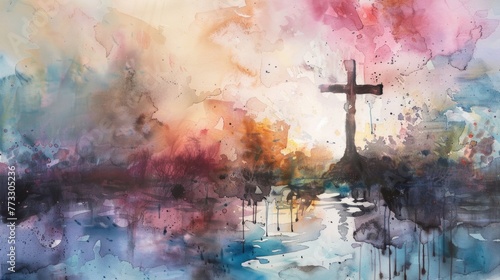 Soft watercolor hues capturing Jesuss moment of connection with the cross, a scene of grace photo