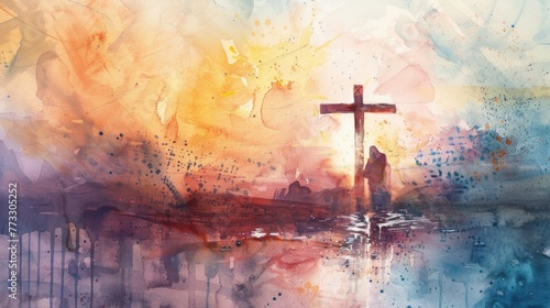 Soft watercolor hues capturing Jesuss moment of connection with the cross, a scene of grace photo