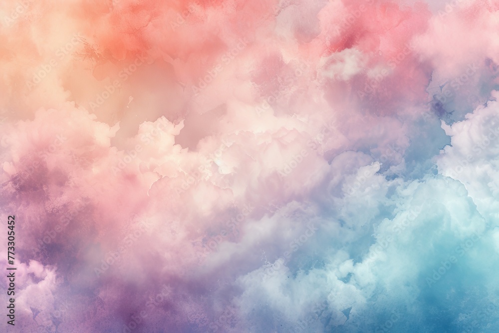   A sky brimming with numerous clouds in shades of pink, blue, and yellow, houses a distant plane
