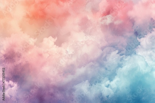  A sky brimming with numerous clouds in shades of pink, blue, and yellow, houses a distant plane