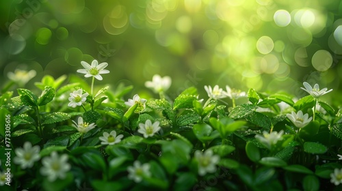 Beautiful white flowers with green bokeh background, stock photo