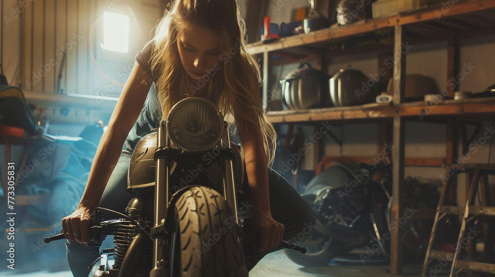 The girl in the garage is working on the bike, tools and spare parts are nearby The girl in the garage is working on the bike, tools and spare parts are nearby