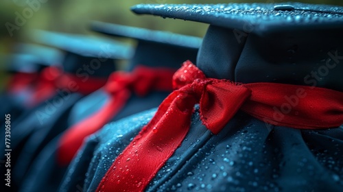   A line of blue graduation gowns  one features a red ribbon around its wearer's neck
