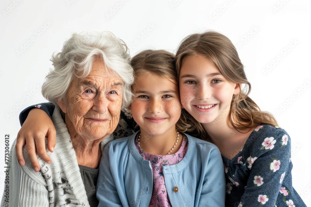 Group portrait of grandmother and granddaughters Isolated on white background