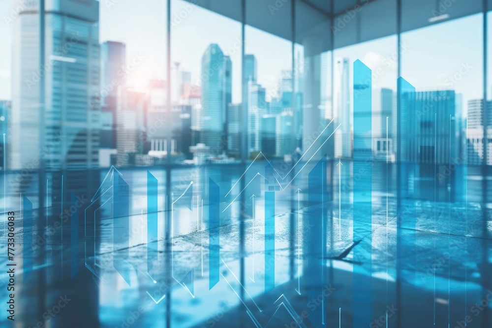 growing blue business chart with arrows on blurry modern office interior with city view backdrop